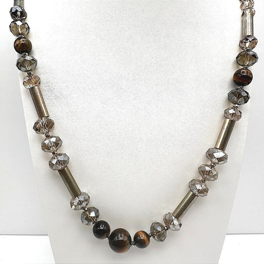 Vintage 90s LOFT Necklace Tiger's Eye Smokey Glass Bronze Tone Beaded Earthy Y2K
